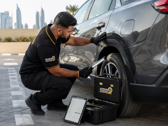 Autofay inspector using paint thickness gauge to detect repainting on car panels in UAE