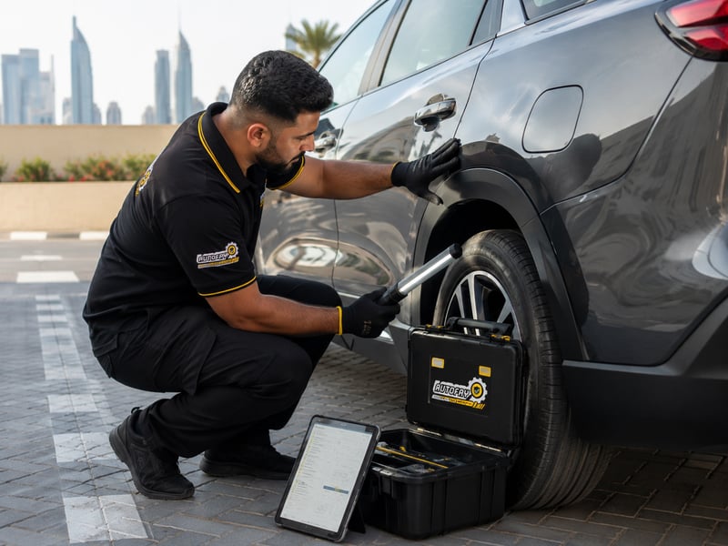 Autofay inspector using paint thickness gauge to detect repainting on car panels in UAE