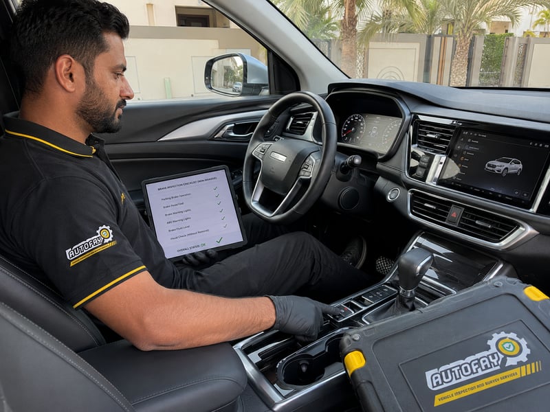 Autofay inspector reviewing brake inspection checklist from the driver seat during mobile