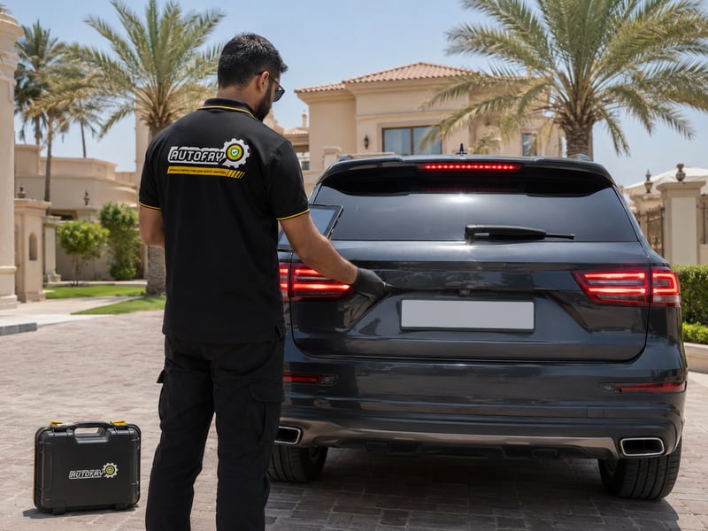 Autofay inspector checking rear brake lights and parking brake function during vehicle brake inspection in UAE