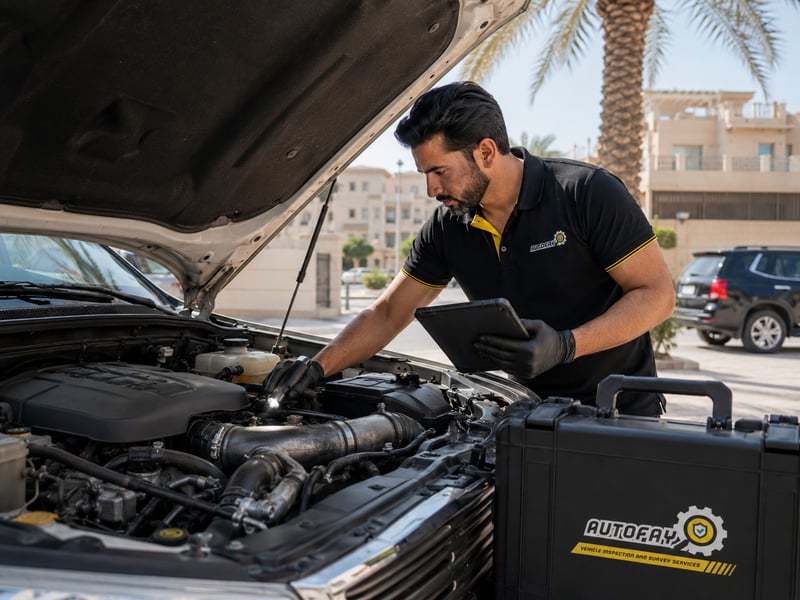 Autofay inspector performing deep engine condition inspection under the hood in UAE