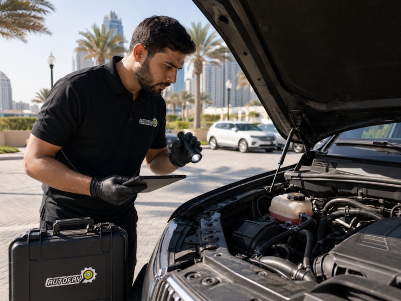 Autofay inspector checking coolant level thermostat area and radiator cap during cooling system inspection in UAE