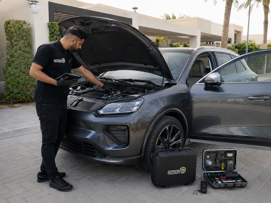 Autofay technician inspecting underbody frame suspension and drivetrain during comprehensive vehicle inspection in UAE