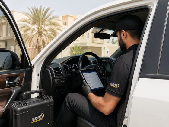 Autofay inspector showing cooling system inspection report to customer after checking radiator water pump thermostat hoses and fan operation in UAE