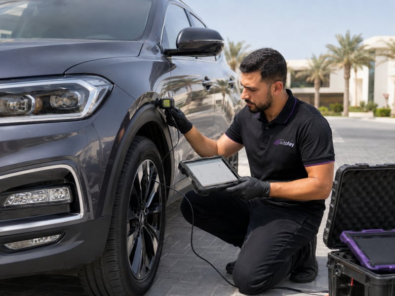 Autofay technician measuring paint thickness on a car door panel during body inspection in UAE