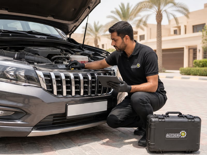 Autofay technician checking temperature gauge and cooling system status from inside the vehicle in UAE