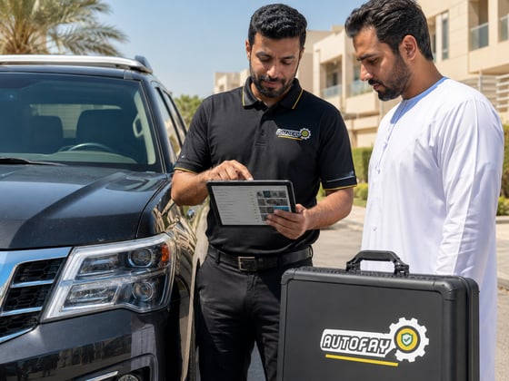 Autofay inspector showing comprehensive vehicle inspection digital report to customer in UAE