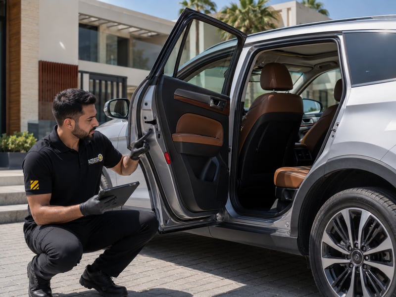 Autofay technician inspecting door hinges and rubber seals during vehicle door inspection in UAE
