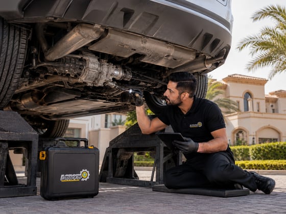 Autofay inspector checking rear differential and drivetrain components during vehicle inspection in UAE