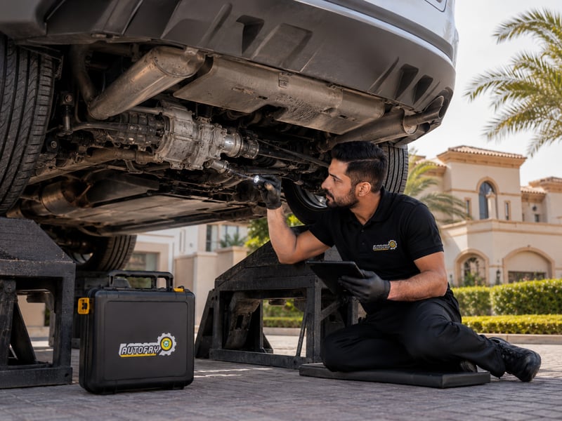Autofay inspector checking rear differential and drivetrain components during vehicle inspection in UAE
