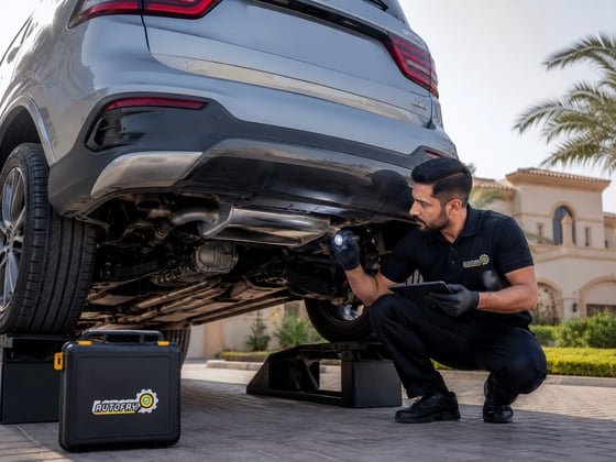 Autofay inspector checking axles differentials and drivetrain condition during on-location vehicle inspection in UAE