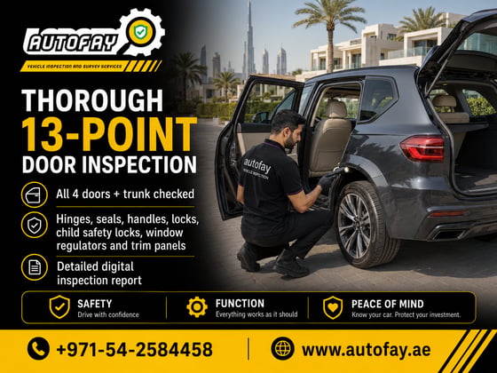Autofay inspector checking all four doors and trunk during 13-point door inspection in UAE