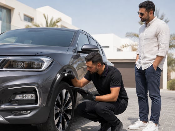 Autofay technician inspecting underbody and frame condition during mobile vehicle inspection in UAE