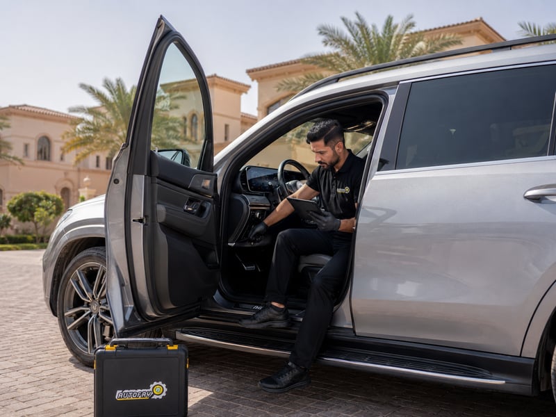 Autofay technician checking transmission and AWD engagement from inside the vehicle during inspection in UAE
