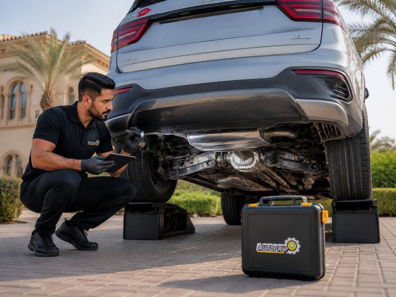 Autofay inspector checking transfer case and underbody drivetrain components during 4WD inspection in UAE