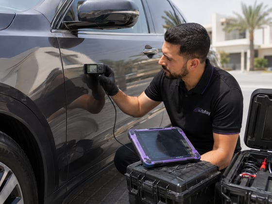 Autofay inspector running OBD computer diagnostic scan inside a vehicle for pre-purchase inspection in UAE