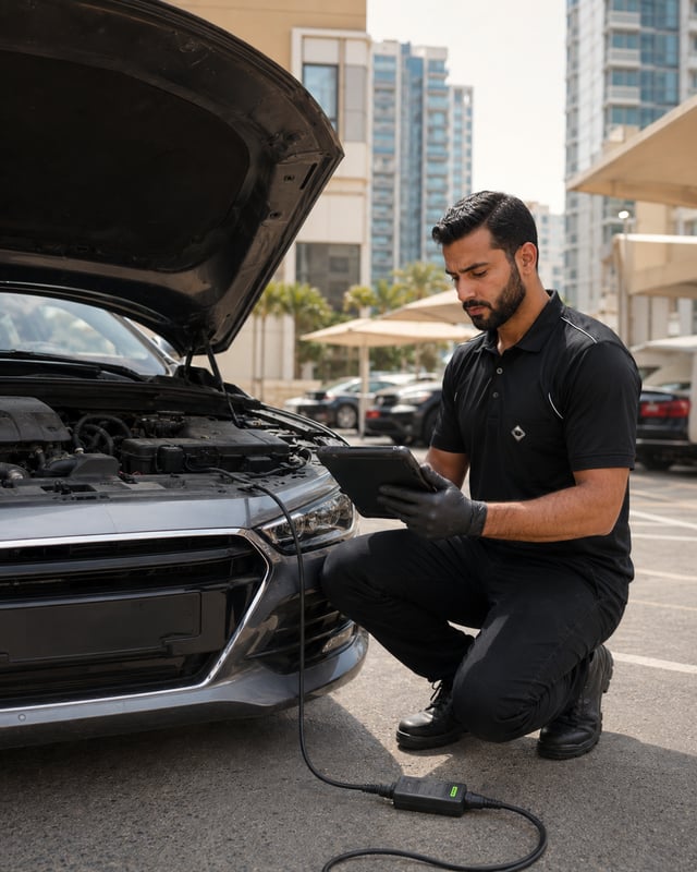Inspector standing at open hood comparing laptop diagnostic data with engine bay, live sensor readings on screen