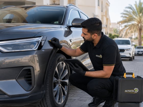 Autofay inspector measuring paint thickness during body paint and damage inspection in UAE