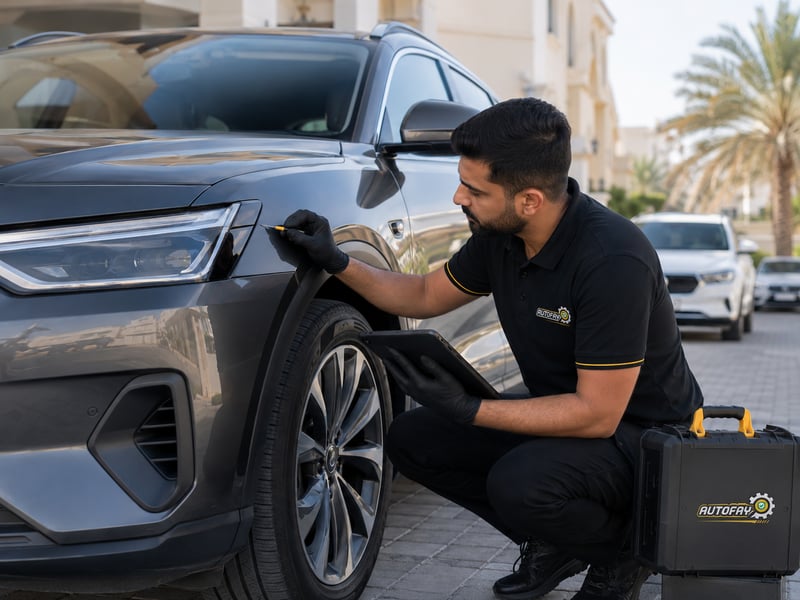Autofay inspector measuring paint thickness during body paint and damage inspection in UAE