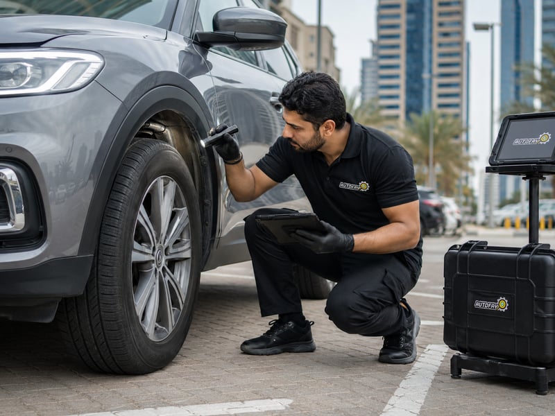 Autofay inspector checking brake fluid and master cylinder under the hood during brake inspection in UAE
