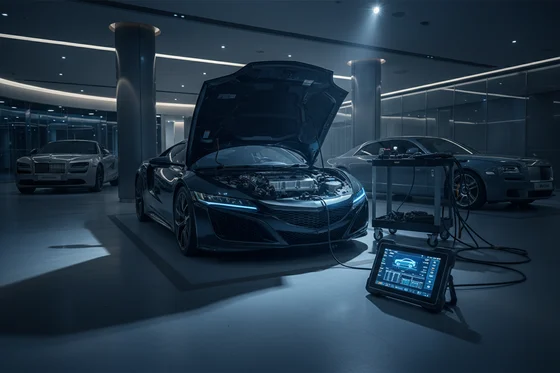 Inspector holding paint thickness gauge on SUV hood with diagnostic tablet on fender, bright outdoor Dubai sunlight