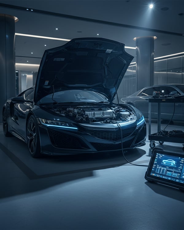 Inspector holding paint thickness gauge on SUV hood with diagnostic tablet on fender, bright outdoor Dubai sunlight