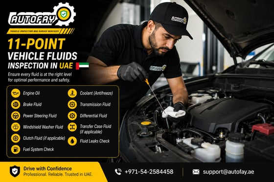 AUTOFAY inspector checking vehicle fluid levels and condition during 11-point fluids inspection in UAE