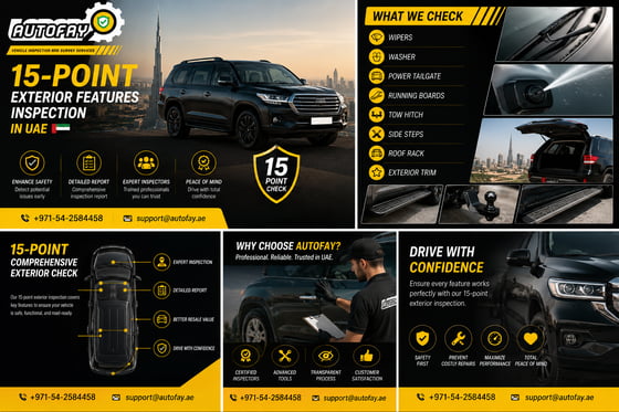 AUTOFAY inspector checking exterior features on a black SUV in UAE