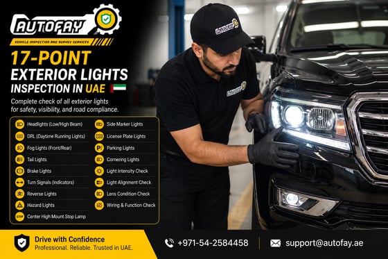 AUTOFAY inspector checking exterior lights on SUV during 17-point vehicle lights inspection in UAE