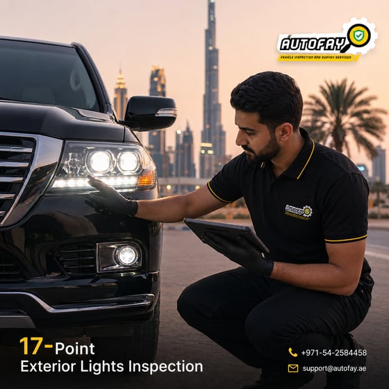 AUTOFAY inspector checking tail lights and brake lights on SUV during vehicle lights inspection in UAE