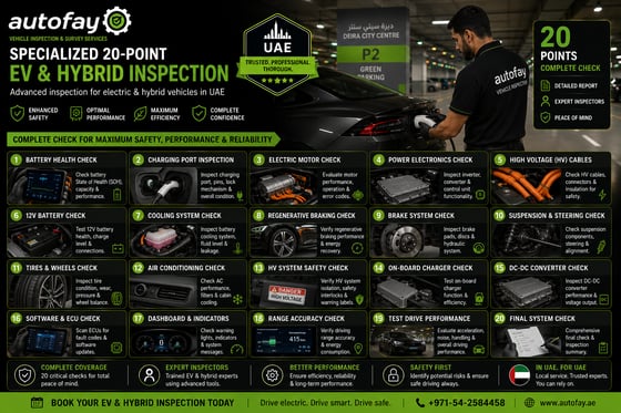 Autofay inspector checking EV charging port during electric and hybrid vehicle inspection in Dubai UAE