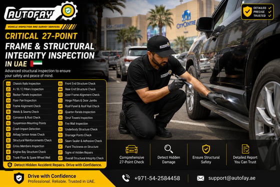 AUTOFAY inspector checking vehicle frame and structural integrity in a UAE city center parking area