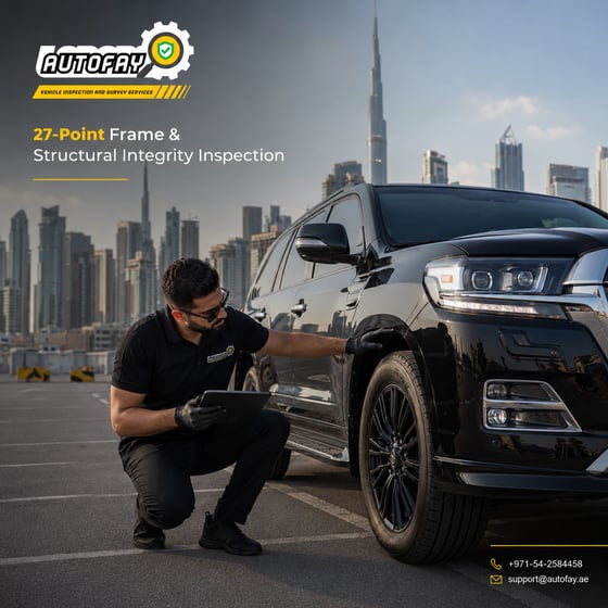 AUTOFAY inspector checking chassis rails under SUV during structural inspection in UAE parking area