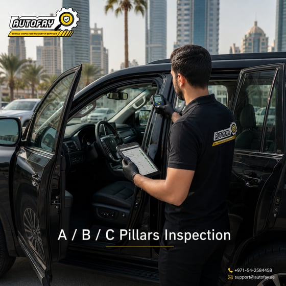 AUTOFAY inspector checking A B and C pillars for alignment welds and impact signs on SUV in UAE