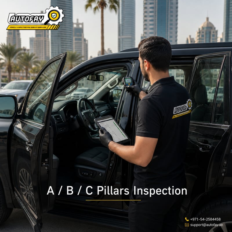 AUTOFAY inspector checking A B and C pillars for alignment welds and impact signs on SUV in UAE
