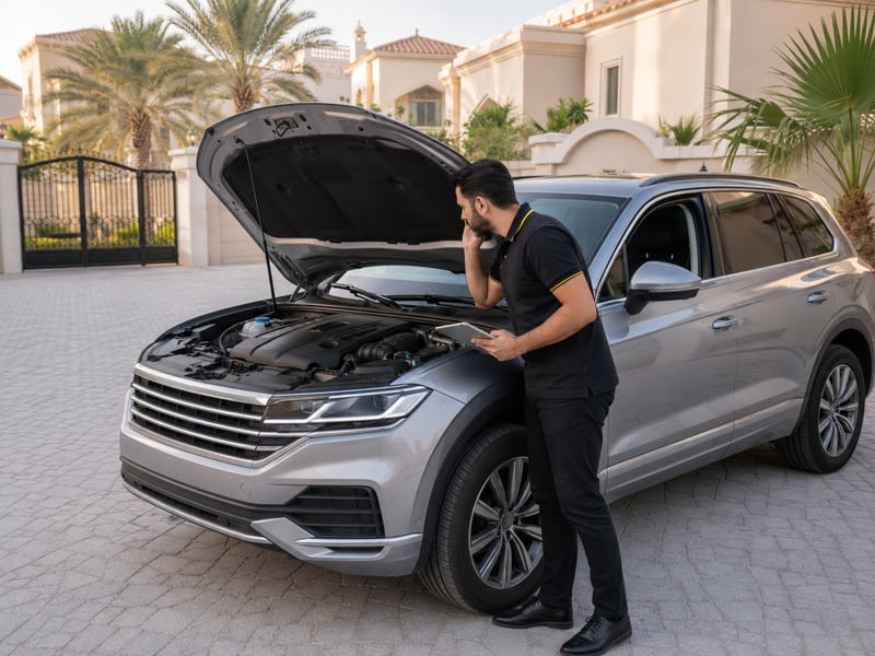 Autofay inspector testing push button start and engine operation during vehicle inspection in UAE