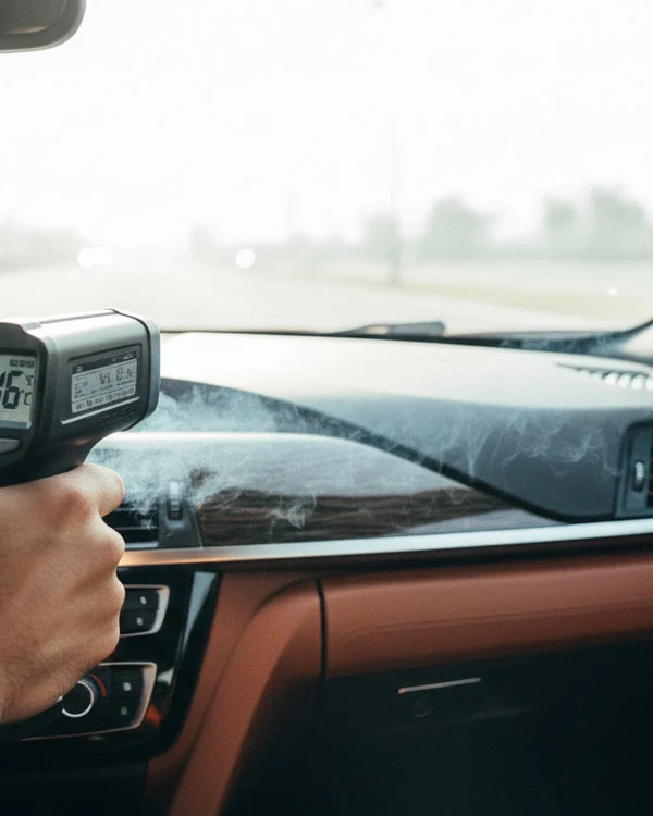 Inspector holding infrared thermometer aimed at dashboard AC vent, digital display showing 16 degrees, cold air ribbons visible, bright Dubai heat outside windshield