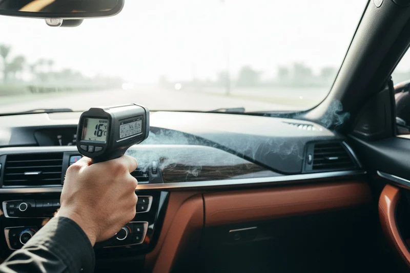 Inspector holding infrared thermometer aimed at dashboard AC vent, digital display showing 16 degrees, cold air ribbons visible, bright Dubai heat outside windshield