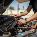 Inspector testing battery terminals with multimeter probes, red and black leads connected, voltage reading on screen, bright Dubai outdoor engine bay