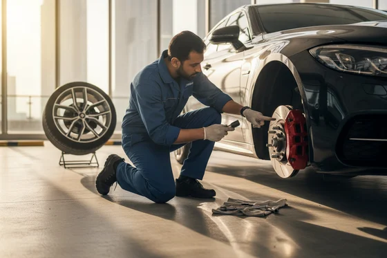 Inspector kneeling beside front wheel removed, examining brake caliper and rotor, Dubai parking lot, morning shadow under car