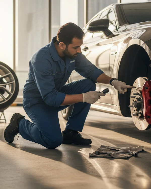 Inspector kneeling beside front wheel removed, examining brake caliper and rotor, Dubai parking lot, morning shadow under car