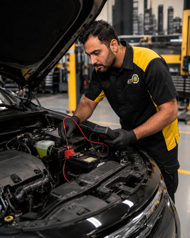 AutoFay technician inspecting engine air filter condition under the hood in UAE