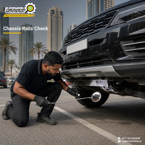 AUTOFAY inspector checking rocker panels and side structure on SUV in UAE city center parking