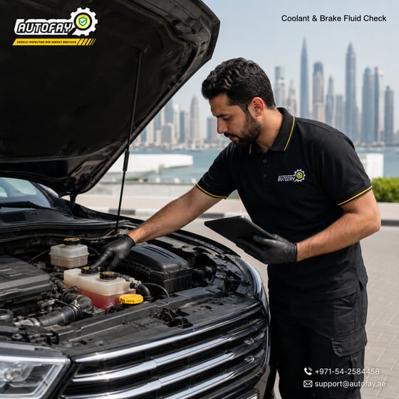 AUTOFAY inspector checking engine oil level and condition on SUV during vehicle inspection in UAE