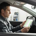 Inspector sitting in driver seat studying diagnostic tablet screen showing system scan progress, green checkmarks appearing for each module, bright morning light through windshield