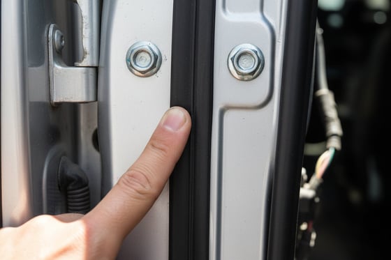 Close-up of inspector checking driver seat leather for wear and cracks, finger pressing on bolster, bright daylight through window