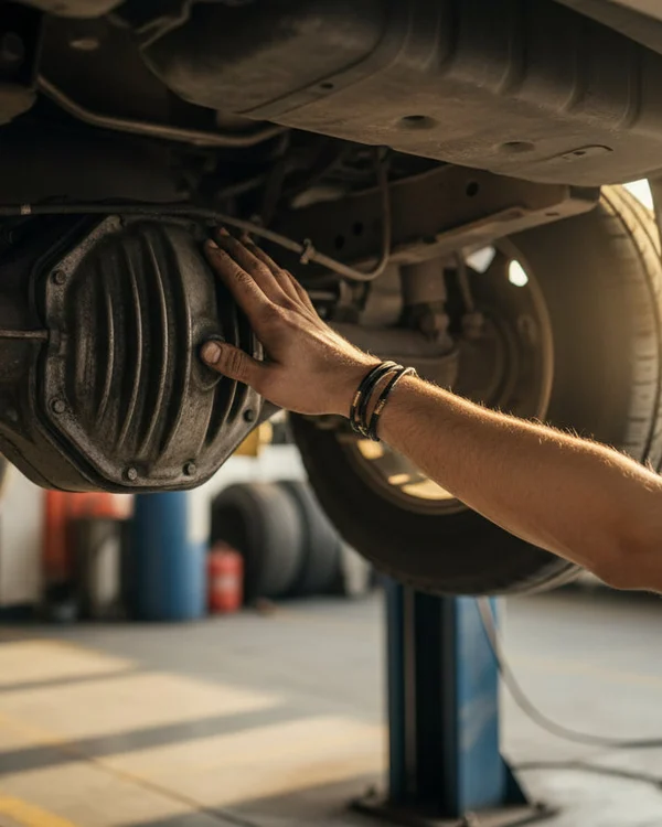Inspector under SUV grabbing driveshaft checking for play, twisting with both hands, car on ramps, Dubai outdoor daylight shining underneath