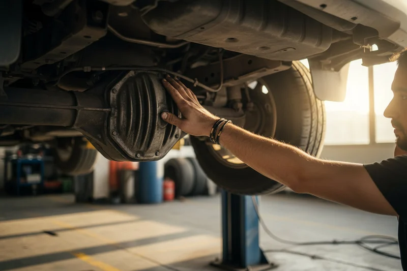 Inspector under SUV grabbing driveshaft checking for play, twisting with both hands, car on ramps, Dubai outdoor daylight shining underneath