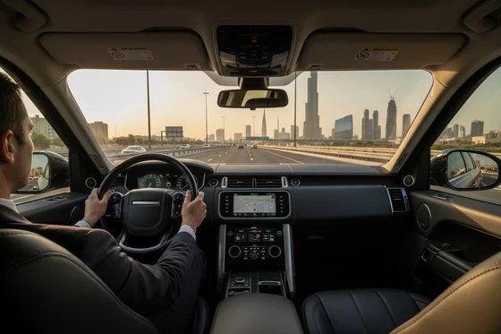 Inspector driving SUV on wide Dubai highway, hands at ten and two, Burj Khalifa skyline ahead, golden hour warm light, dashboard gauges visible