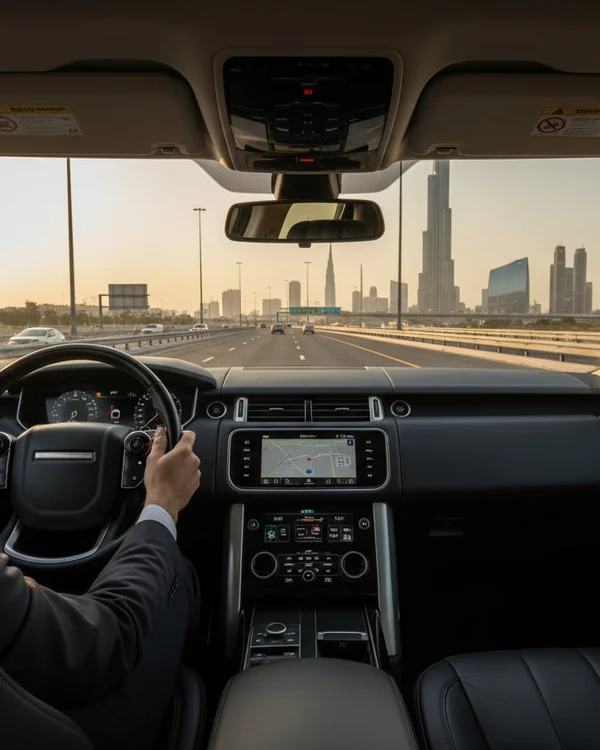 Inspector driving SUV on wide Dubai highway, hands at ten and two, Burj Khalifa skyline ahead, golden hour warm light, dashboard gauges visible